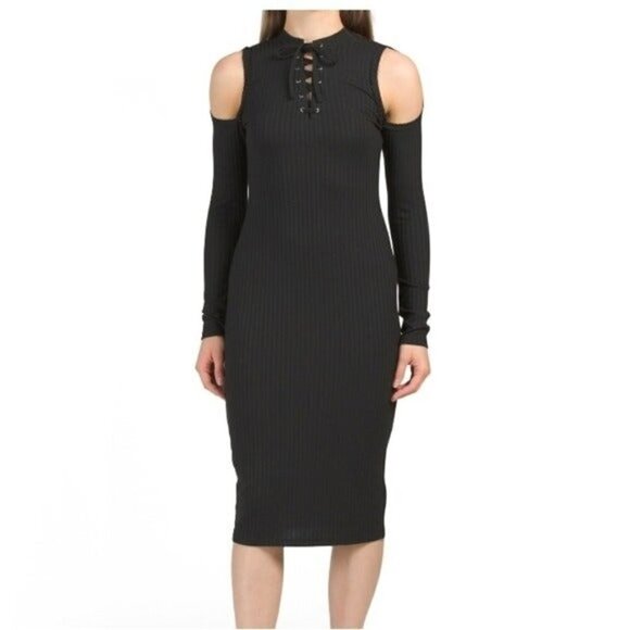 AVEC LES FILLES Anthropologie LACE UP BLACK MIDI DRESS SIZE S - Picture 1 of 11